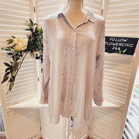 EILEEN FISHER WHITE SILK STRIPE TUNIC BUTTON DOWN MED - Picture 1 of 14
